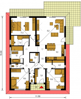Spiegelverkehrter Entwurf | Grundriss des Erdgeschosses - BUNGALOW 210